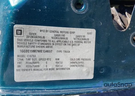 1998 Chevrolet C1500 Fleetside from USA, damaged, VIN 1GCEC19M7WE134637